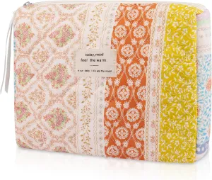 Floral Makeup Bag, Small Cosmetic Bag for Women Girls, Cute Cotton Makeup Bag, Quilted Makeup Bags, Flower Travel Toiletry Organizer Bag(Color-Coded Floral)