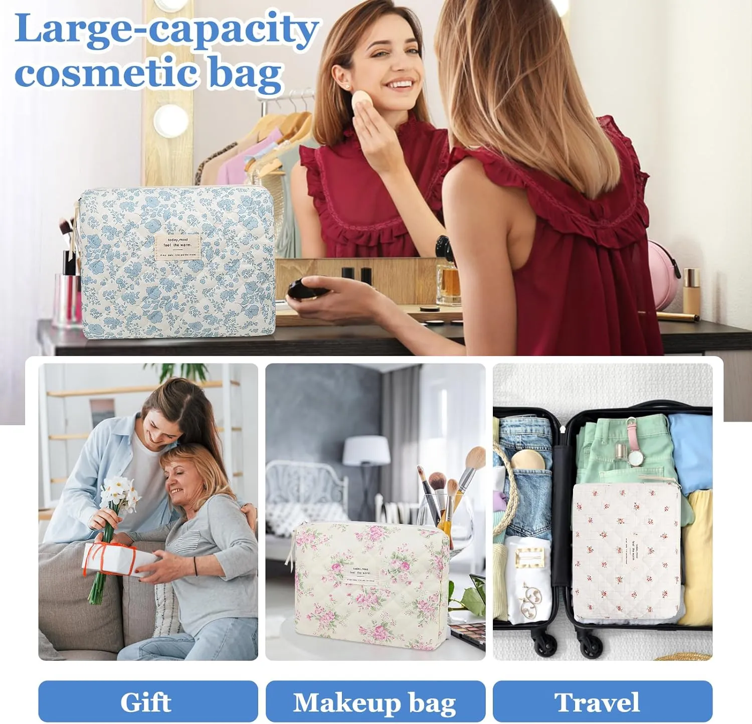 Floral Makeup Bag, Small Cosmetic Bag for Women Girls, Cute Cotton Makeup Bag, Quilted Makeup Bags, Flower Travel Toiletry Organizer Bag(Folk Style)