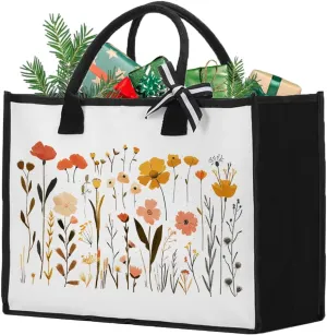 Floral Tote Bag for Women Canvas Wildflower Tote Bag Christmas Woman's Mother's Day Birthday Gifts for Mom Aunt Grandma Sisters Cute Aesthetic Tote Bags for Plant Lover