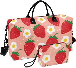 Flower Strawberry Red Travel Duffle Bag Gym Bag Carry On Bag Quilt Overnight Bag Weekender Bags with Make Up Bag for Women Trip Ladies Airplane Travel Essentials Gifts