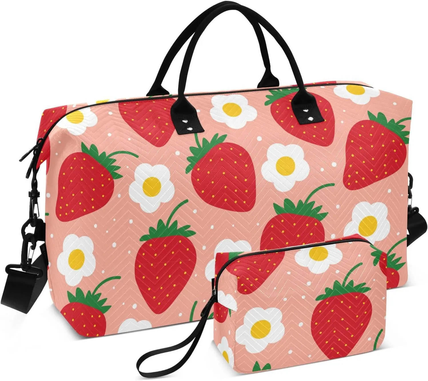 Flower Strawberry Red Travel Duffle Bag Gym Bag Carry On Bag Quilt Overnight Bag Weekender Bags with Make Up Bag for Women Trip Ladies Airplane Travel Essentials Gifts