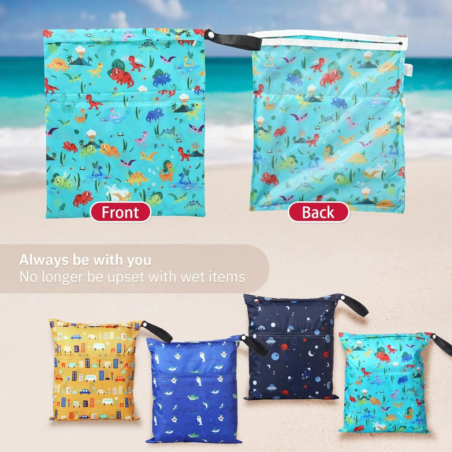 Frienda 4 Pieces Wet Dry Bag for Baby Waterproof Reusable Washable Diaper Bag Sealed with Handle for Travel, Beach, Swimsuit, Diapers, Dirty Gym Clothes and Toiletries (Nature)