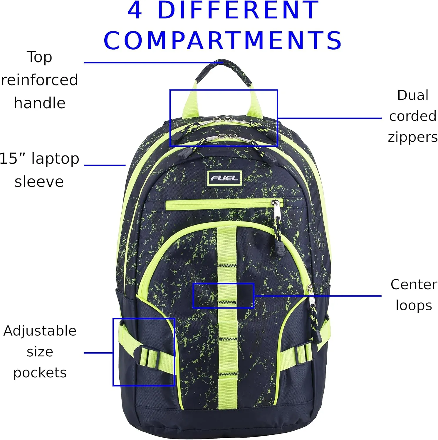 FUEL Hiking Laptop Backpack, College Bookbag, Travel Daypack with 5 Compartments, Dynamo Tech Pocket, 18.5 Inches