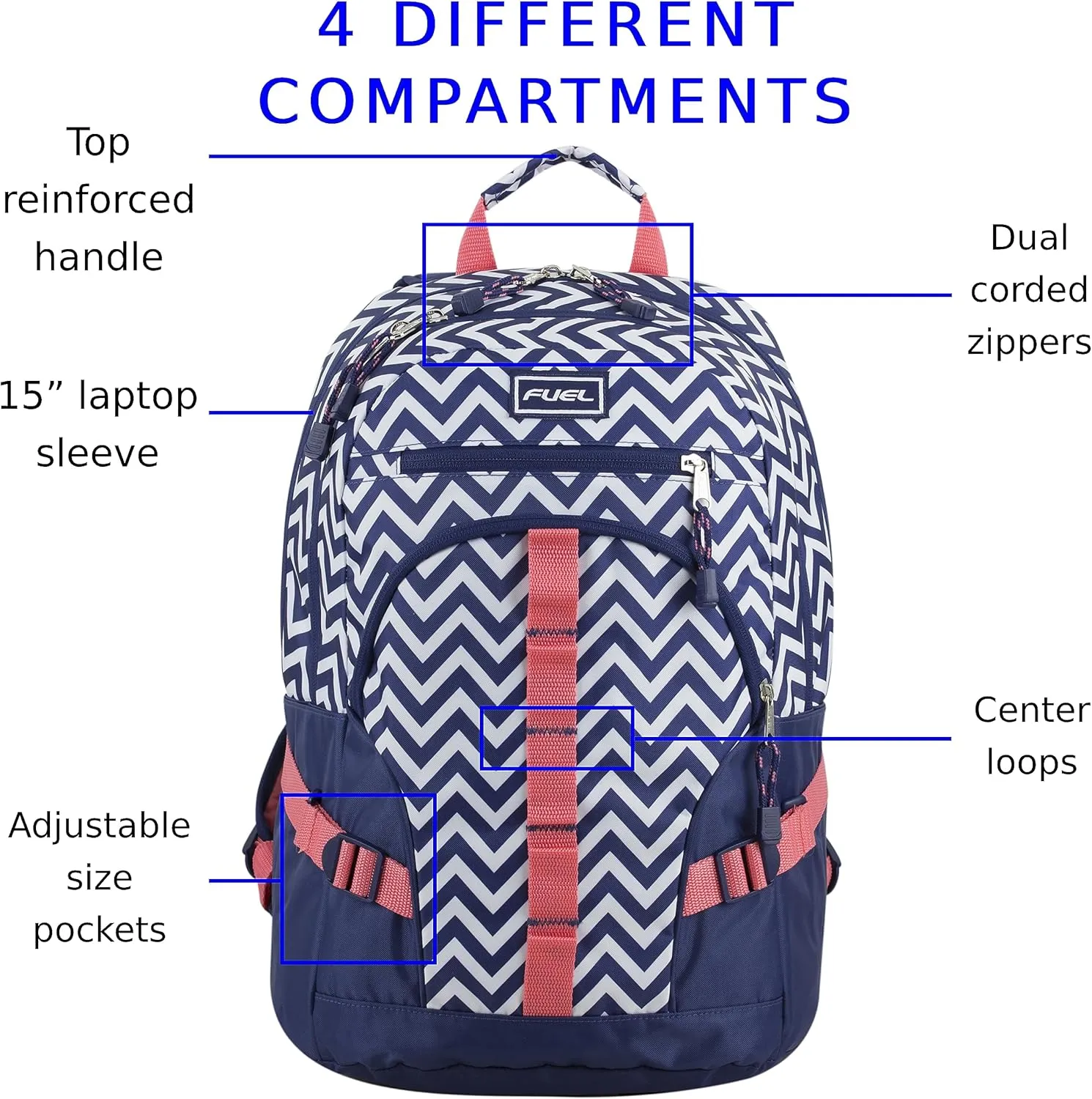 FUEL Hiking Laptop Backpack, College Bookbag, Travel Daypack with 5 Compartments, Dynamo Tech Pocket, 18.5 Inches