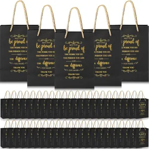 Fulmoon 50Pcs Thank You Gifts Bags Employee Appreciation Pape Bags Bulk 5.9 x 3.1 x 8.3'' Inspirational May You Be Proud Gift sack with Handle for Coworkers Teacher(Black)