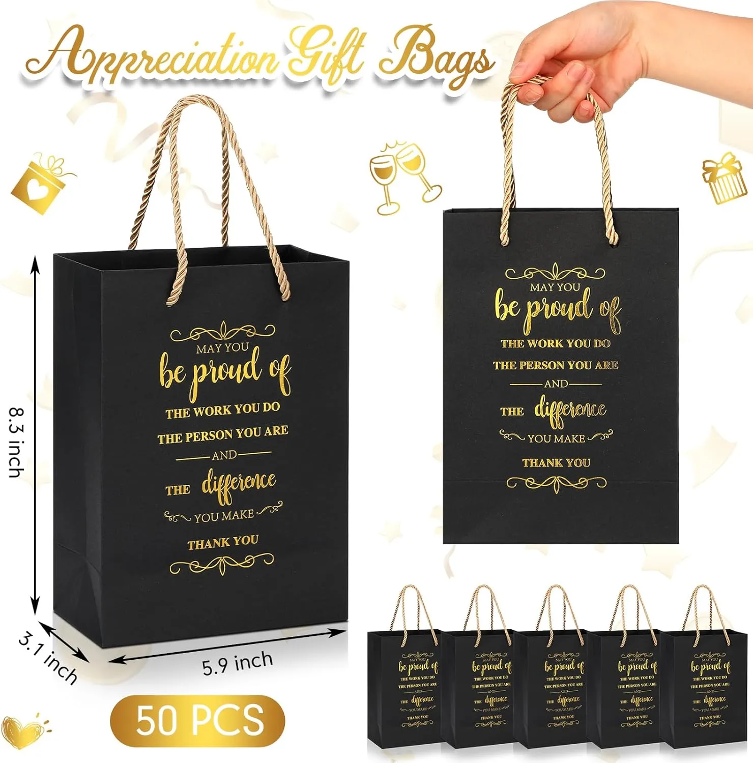 Fulmoon 50Pcs Thank You Gifts Bags Employee Appreciation Pape Bags Bulk 5.9 x 3.1 x 8.3'' Inspirational May You Be Proud Gift sack with Handle for Coworkers Teacher(Black)