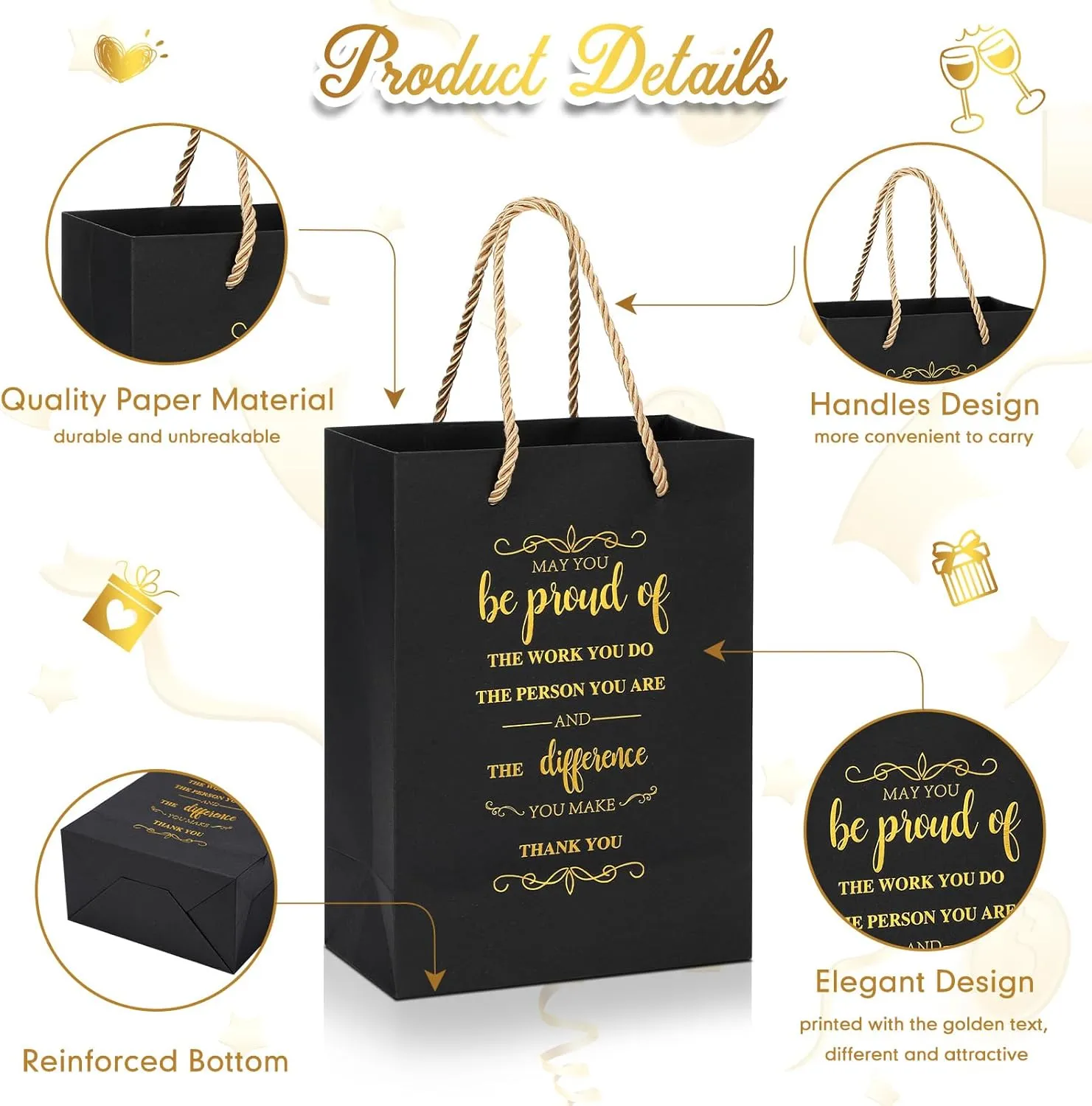 Fulmoon 50Pcs Thank You Gifts Bags Employee Appreciation Pape Bags Bulk 5.9 x 3.1 x 8.3'' Inspirational May You Be Proud Gift sack with Handle for Coworkers Teacher(Black)