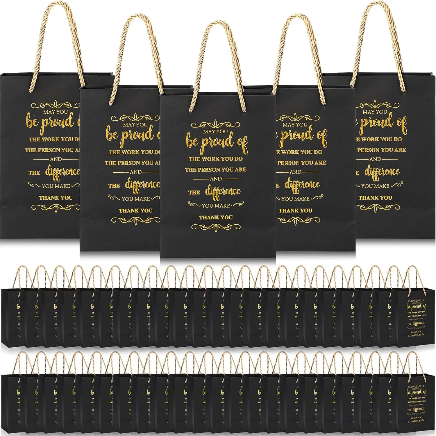Fulmoon 50Pcs Thank You Gifts Bags Employee Appreciation Pape Bags Bulk 5.9 x 3.1 x 8.3'' Inspirational May You Be Proud Gift sack with Handle for Coworkers Teacher(Black)