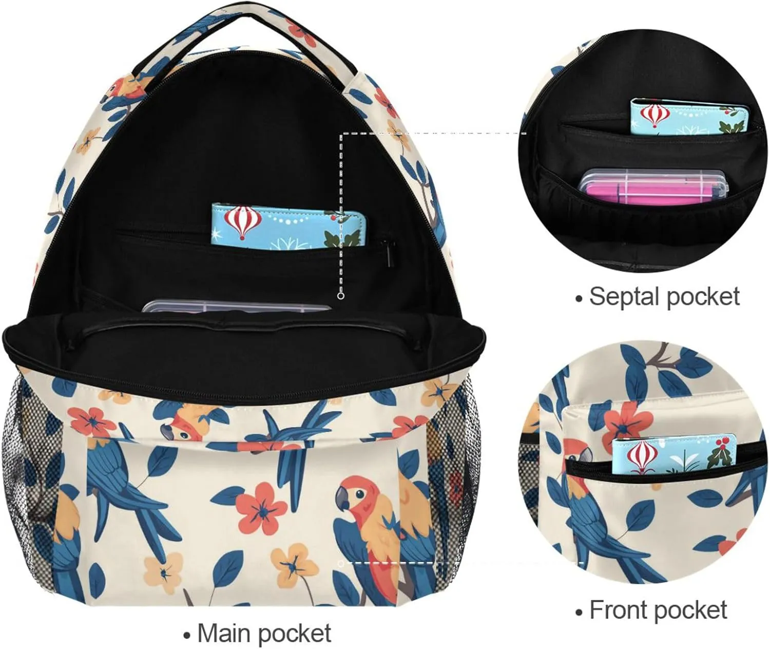Fun Backpack for Men Women Waterproof Backpack With Water Bottle Pocket with Chest Strap for College Work Cartoon Funny Macaw Neutral