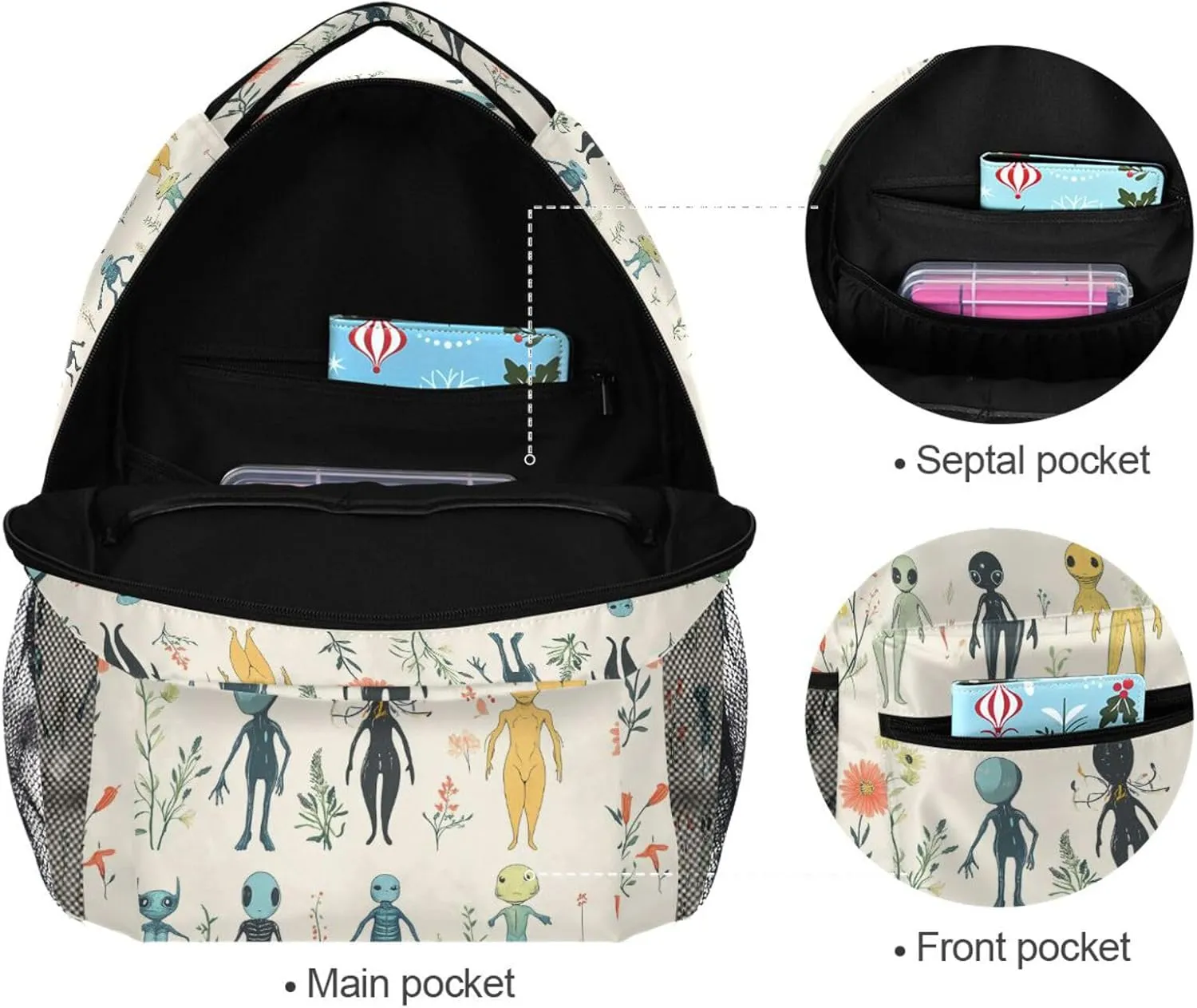 Fun Backpack for Unisex Adult Waterproof Stylish Travel Bags with Chest Strap Gift Men & Women Cartoon Funny Aliens Neutral
