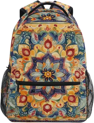 Fun Backpack for Women Men Waterproof Personal Backpack with Chest Strap for College Work Bohemian Boho Vintage Mandala Style Flower