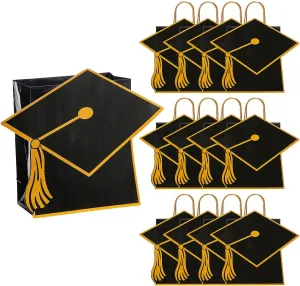 Fun Express 7 1/4" x 9" Medium Black Gift Bag with Graduation Cap, 12 Pieces