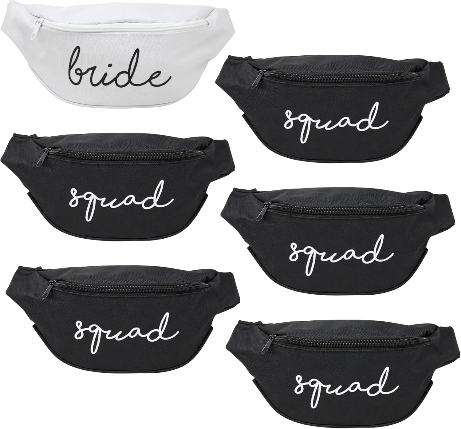 Funky Junque Bachelorette Fanny Packs - 6 Pack: 1 Bride (White) & 5 Squad (Black)