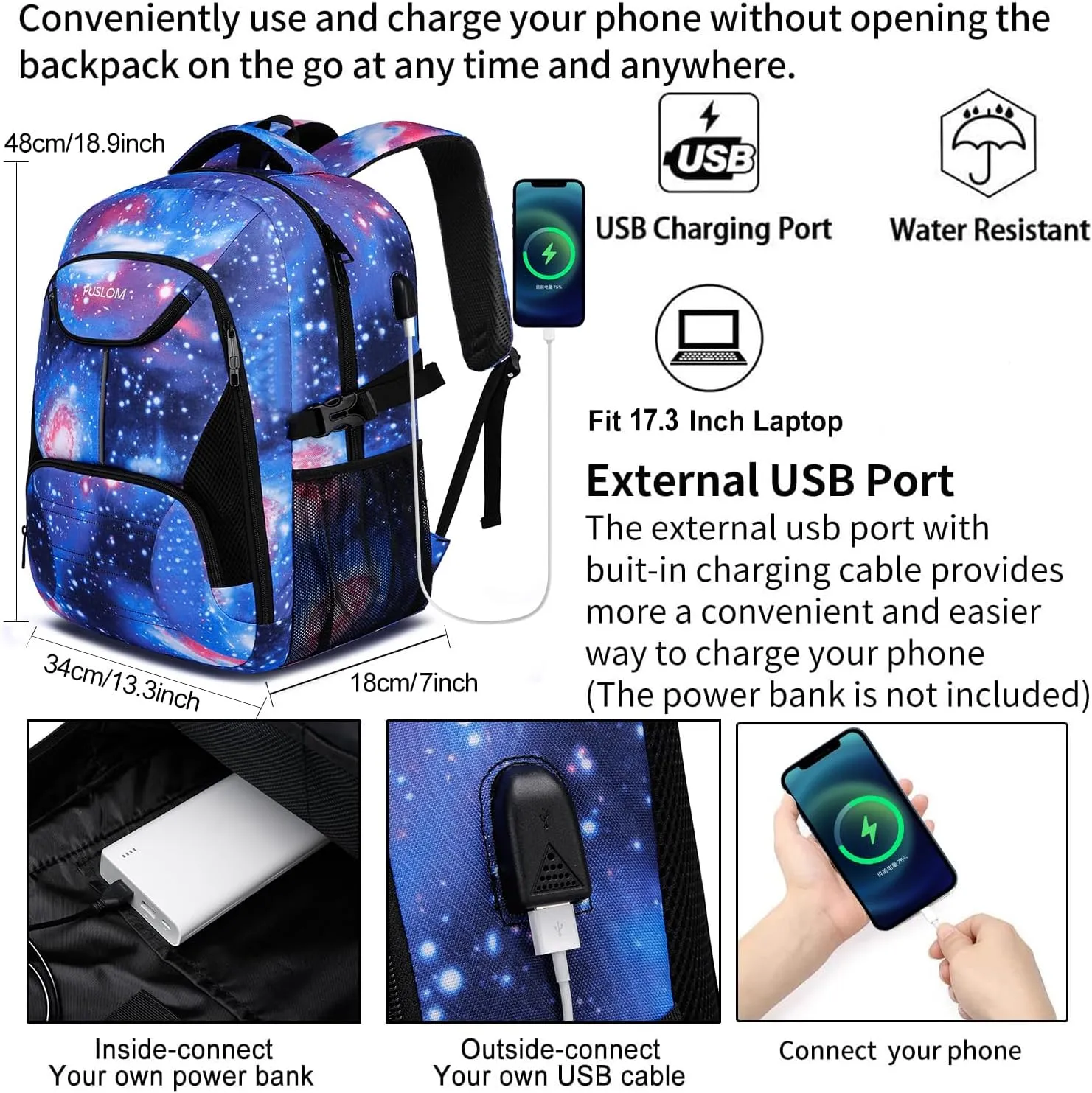 Galaxy Backpack for College Bookbag Travel Business with USB Charging Port, Travel Laptop Backpack Work Bag, Anti Theft Durable Water Resistant Computer Bag Fit Laptop Up to 17.3 Inch, Galaxy - Blue