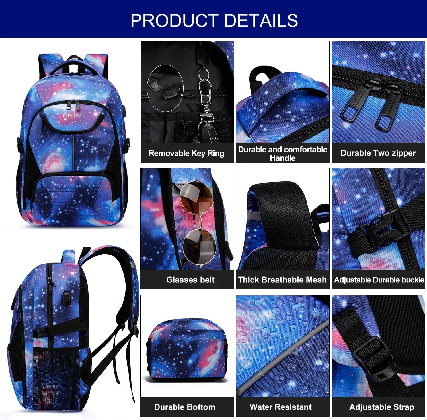 Galaxy Backpack for College Bookbag Travel Business with USB Charging Port, Travel Laptop Backpack Work Bag, Anti Theft Durable Water Resistant Computer Bag Fit Laptop Up to 17.3 Inch, Galaxy - Blue
