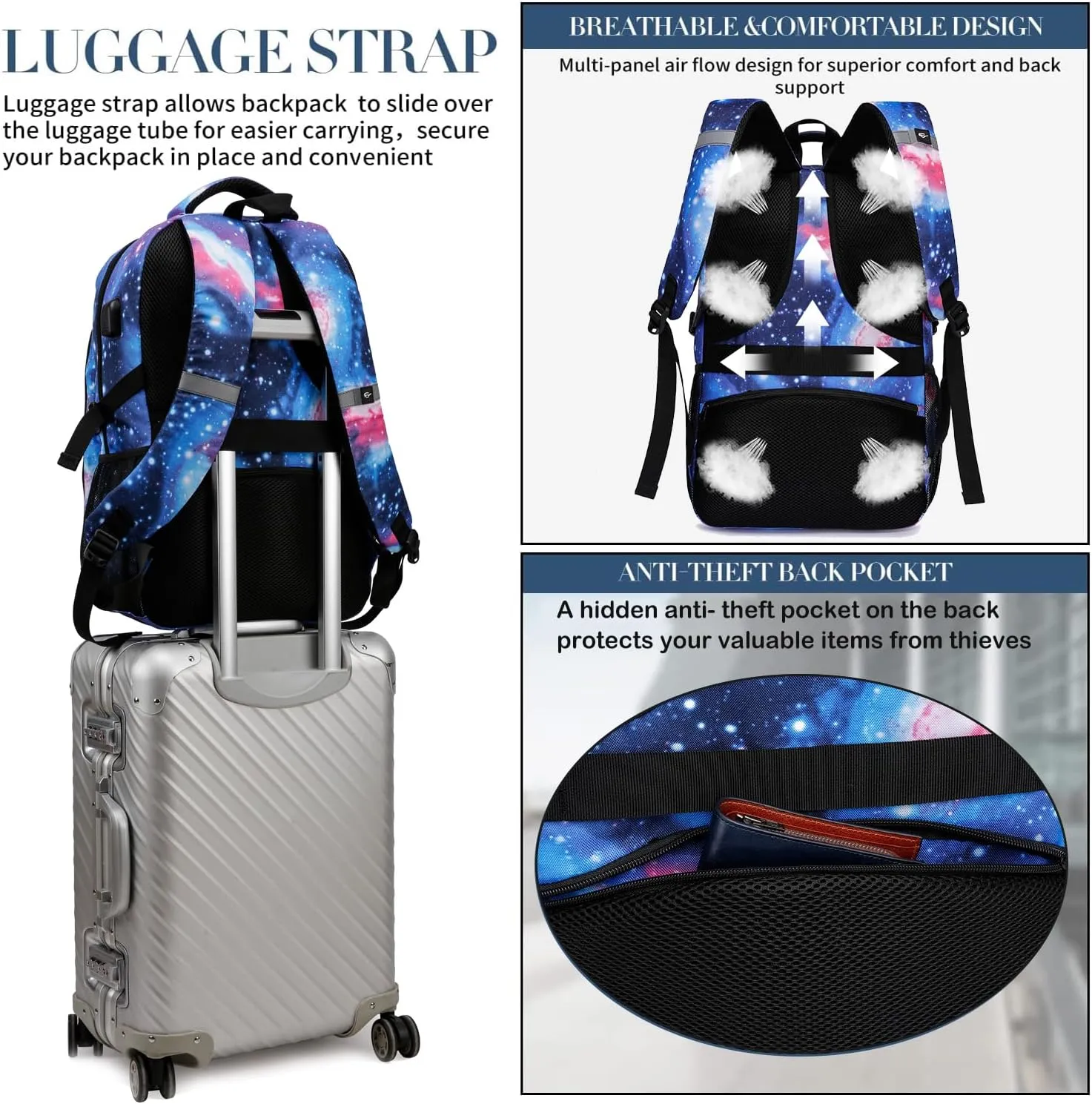 Galaxy Backpack for College Bookbag Travel Business with USB Charging Port, Travel Laptop Backpack Work Bag, Anti Theft Durable Water Resistant Computer Bag Fit Laptop Up to 17.3 Inch, Galaxy - Blue