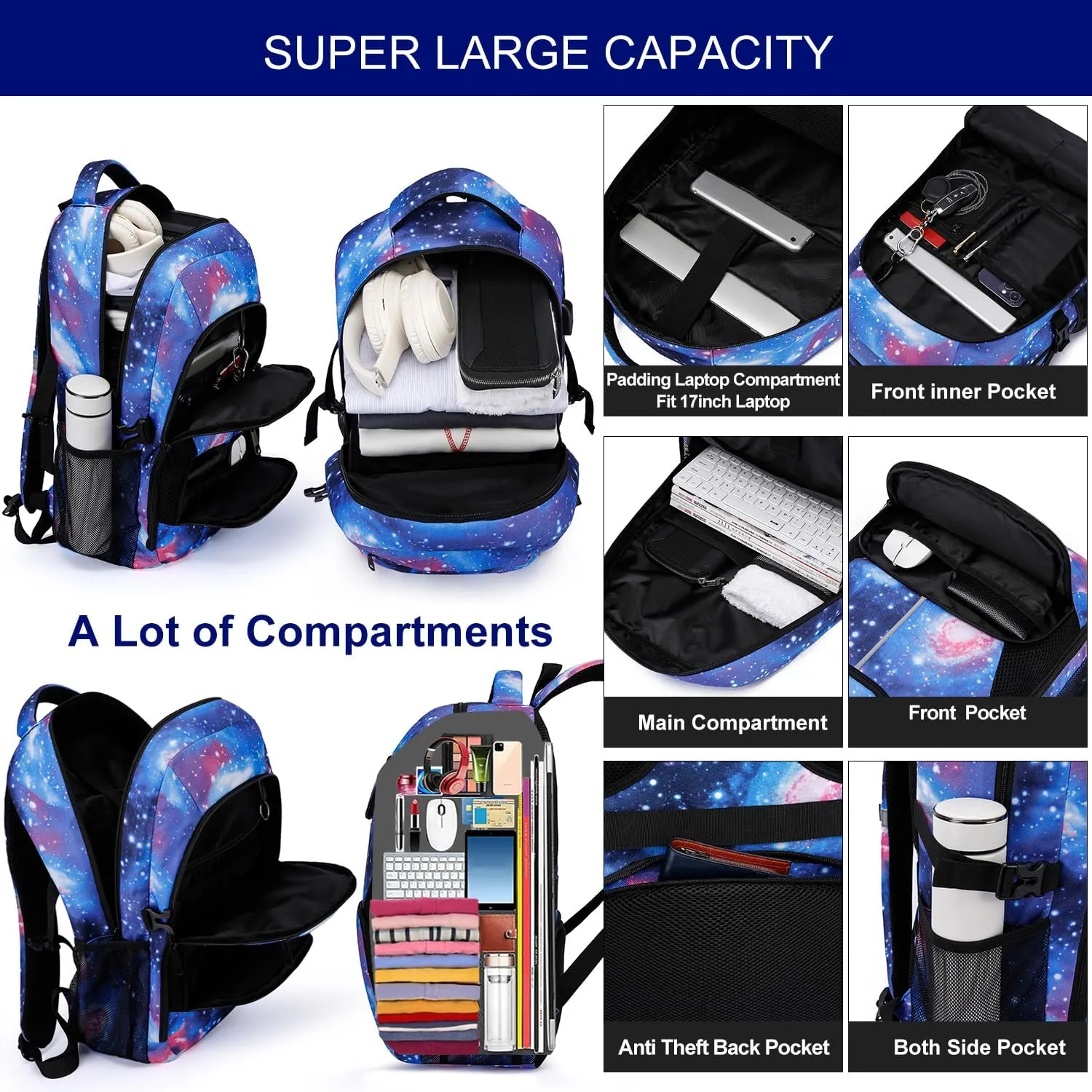 Galaxy Backpack for College Bookbag Travel Business with USB Charging Port, Travel Laptop Backpack Work Bag, Anti Theft Durable Water Resistant Computer Bag Fit Laptop Up to 17.3 Inch, Galaxy - Blue