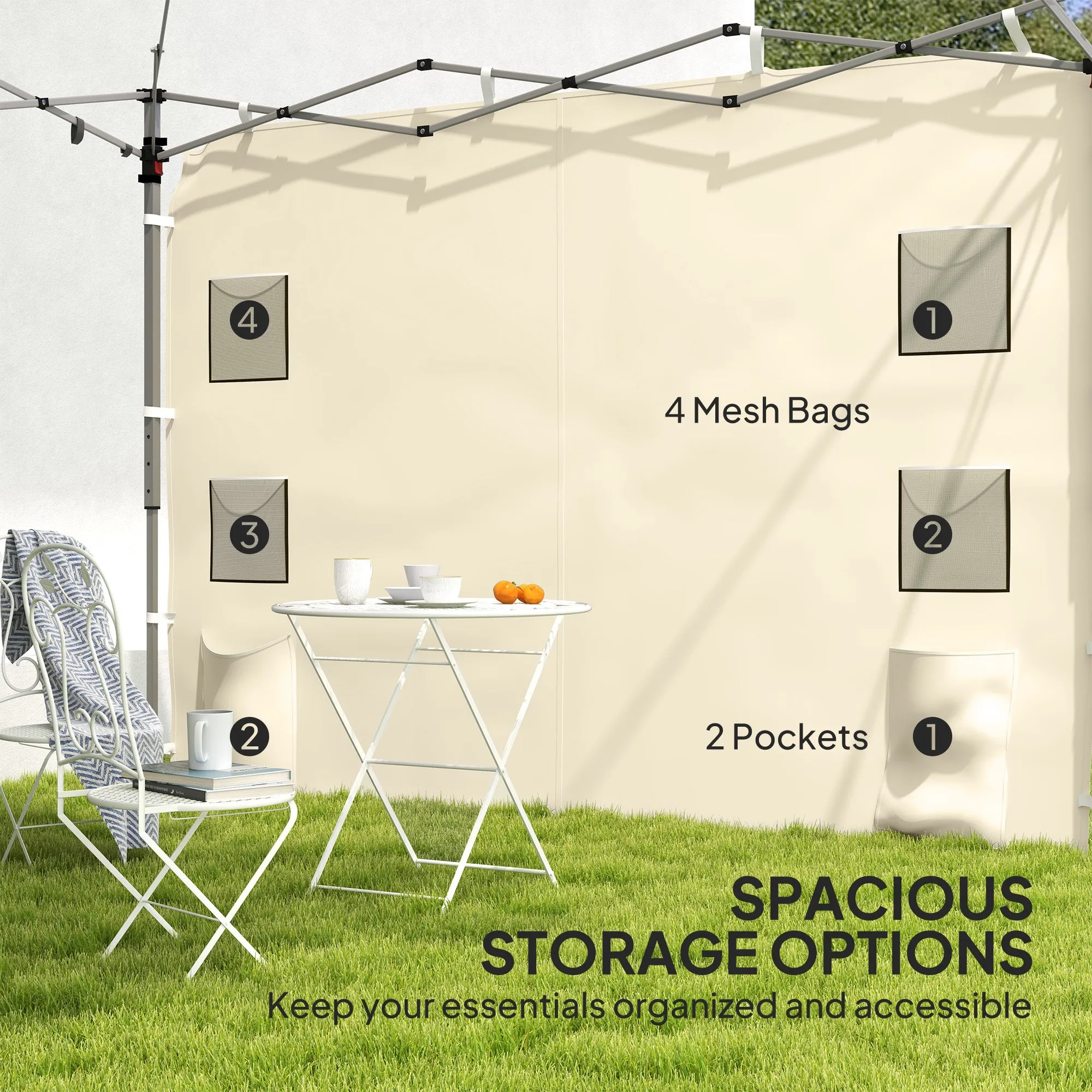 Gazebo Side Panel, Canopy Sidewall Panel with 4 Mesh Bags and 2 Storage Pockets for 3 x 3 m Straight Leg Pop Up Gazebos, 1 Pack Sidewall Only, Beige