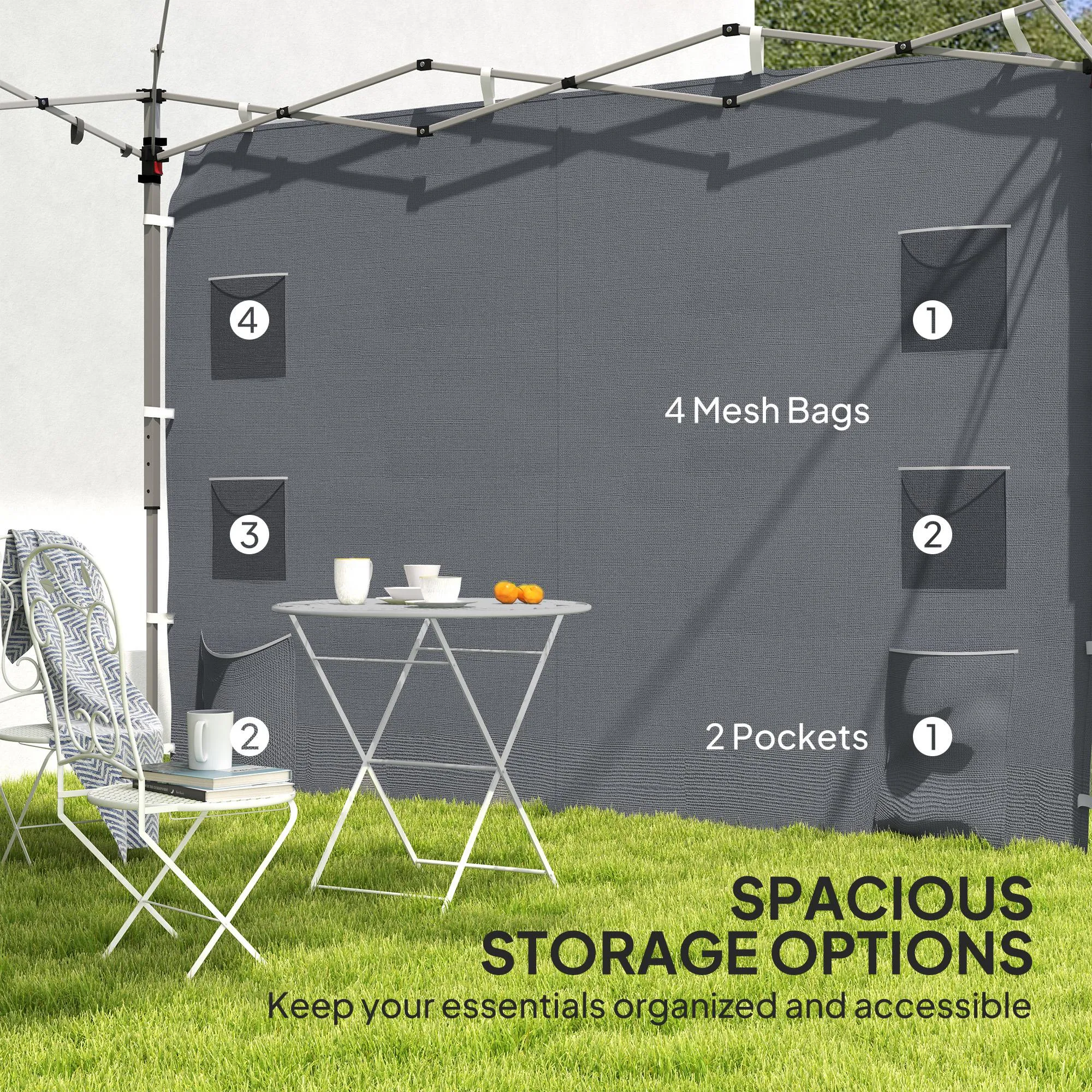 Gazebo Side Panel, Canopy Sidewall Panel with 4 Mesh Bags and 2 Storage Pockets for 3 x 3 m Straight Leg Pop Up Gazebos, 1 Pack Sidewall Only, Grey