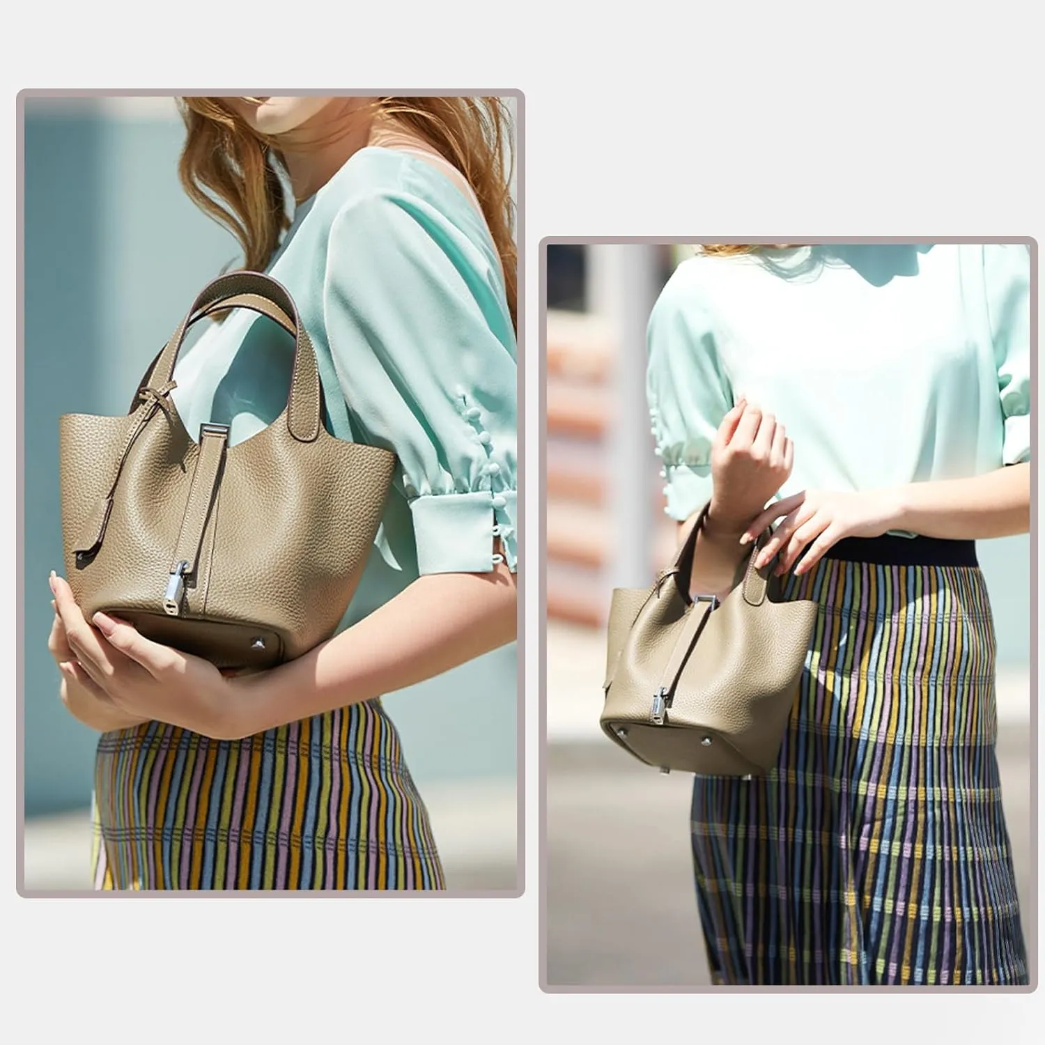 Genuine Leather Handbags Casual Satchel for Women Soft Bucket Bags Stylish Lock Design Daily Small Shoulder Bags