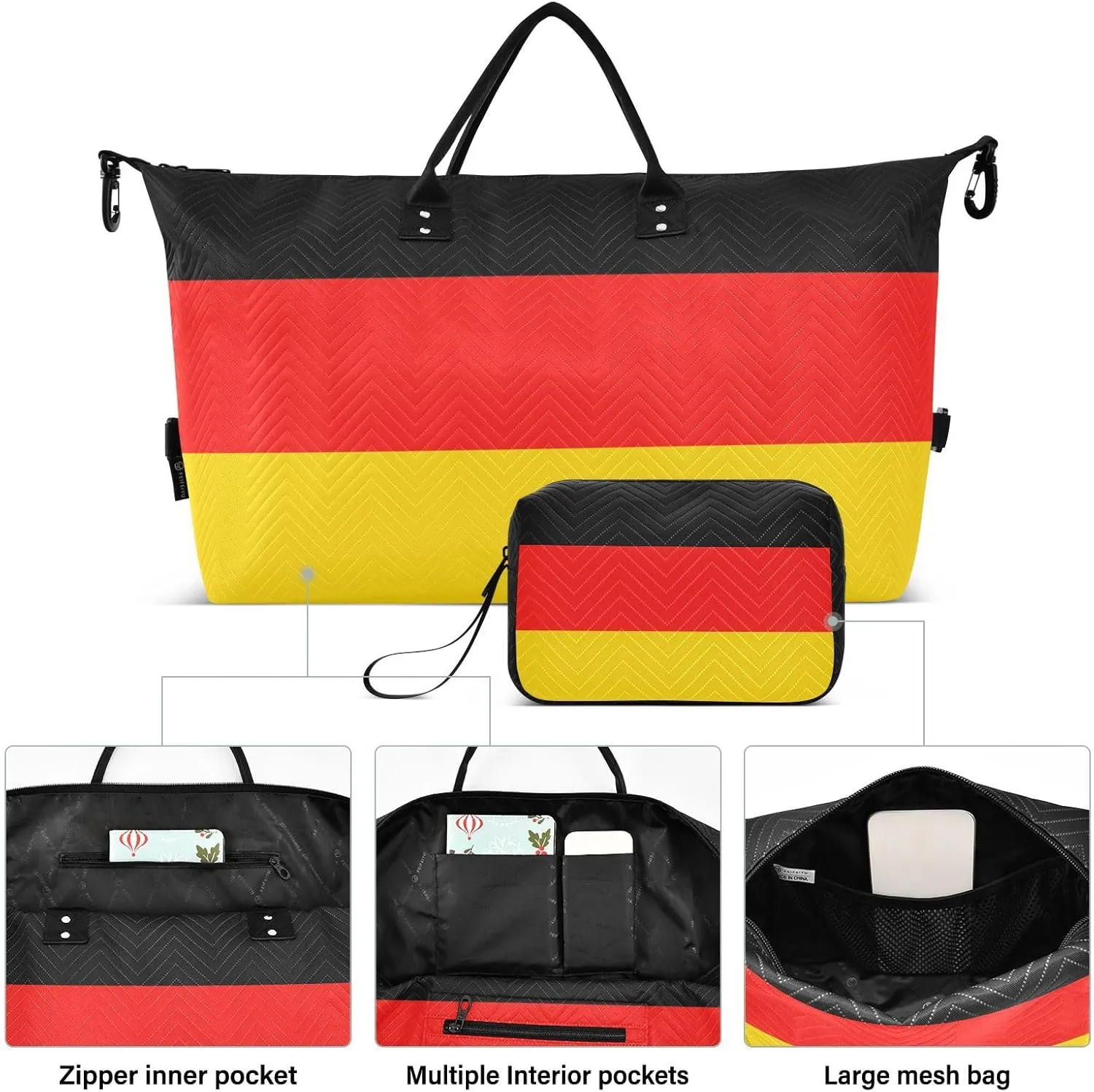 German Flag Travel Duffle Bag Gym Bag Quilt Weekender Bags Carry On Bag Overnight Bag with Make Up Bag for Women Trip Ladies Airplane Travel Essentials Gifts