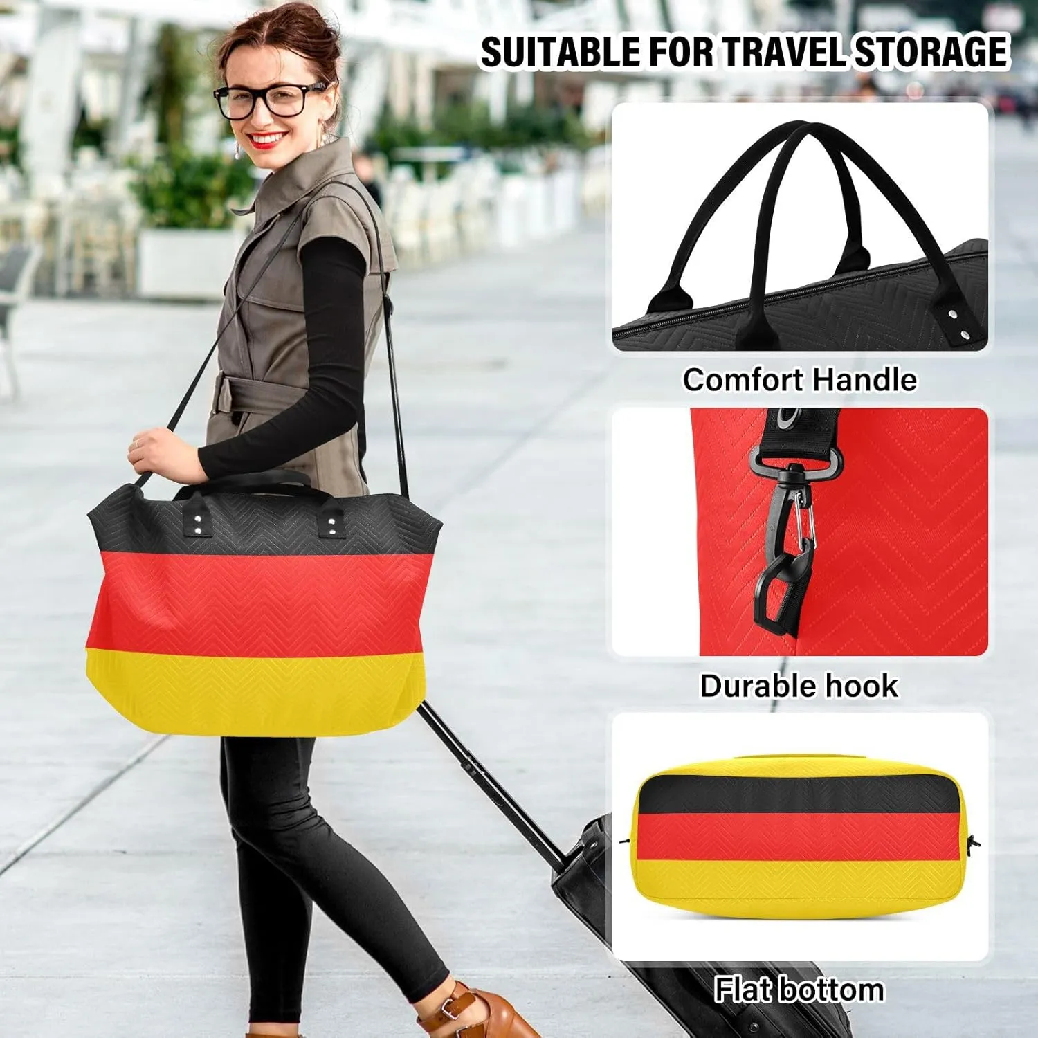 German Flag Travel Duffle Bag Gym Bag Quilt Weekender Bags Carry On Bag Overnight Bag with Make Up Bag for Women Trip Ladies Airplane Travel Essentials Gifts