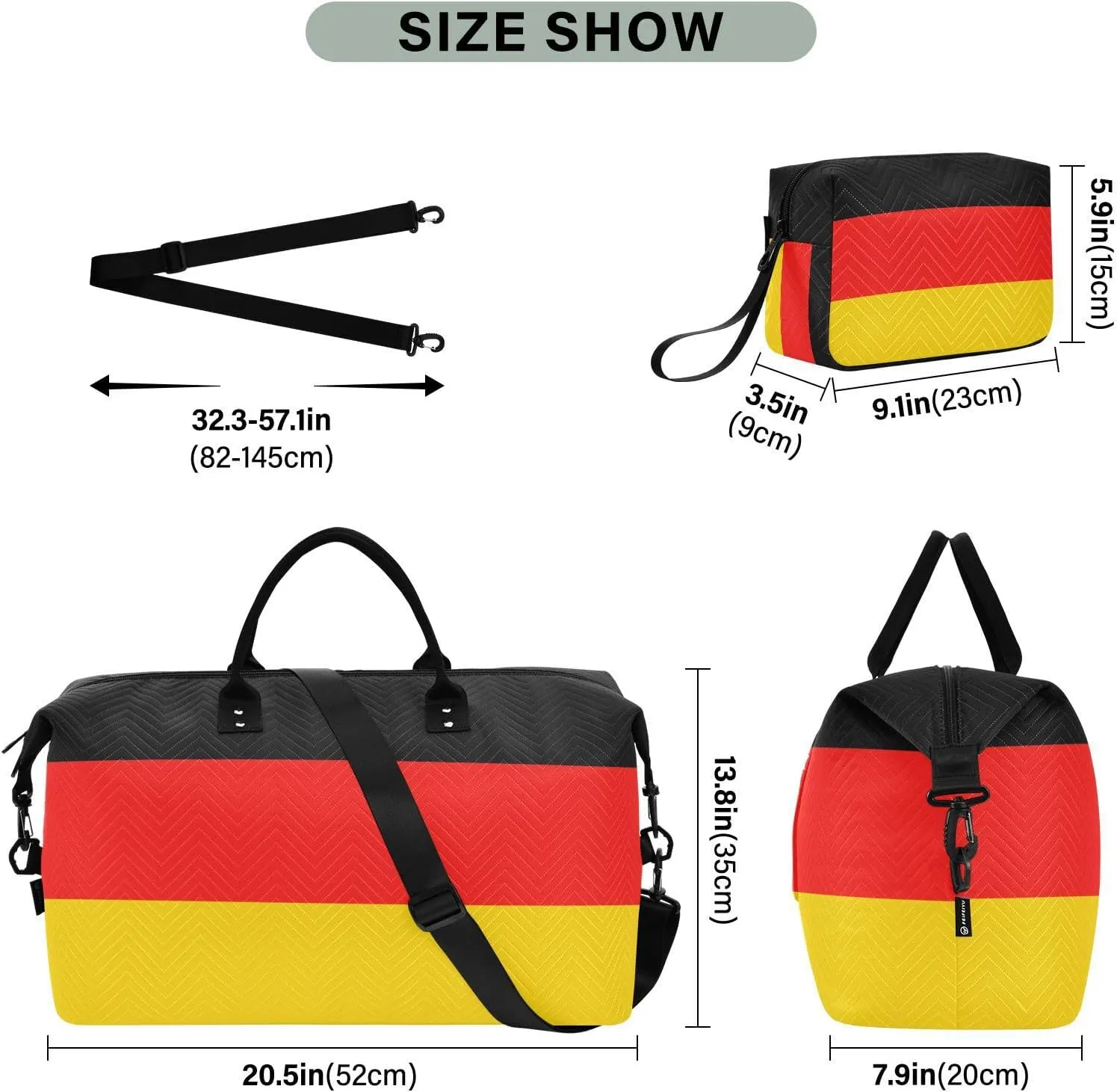 German Flag Travel Duffle Bag Gym Bag Quilt Weekender Bags Carry On Bag Overnight Bag with Make Up Bag for Women Trip Ladies Airplane Travel Essentials Gifts