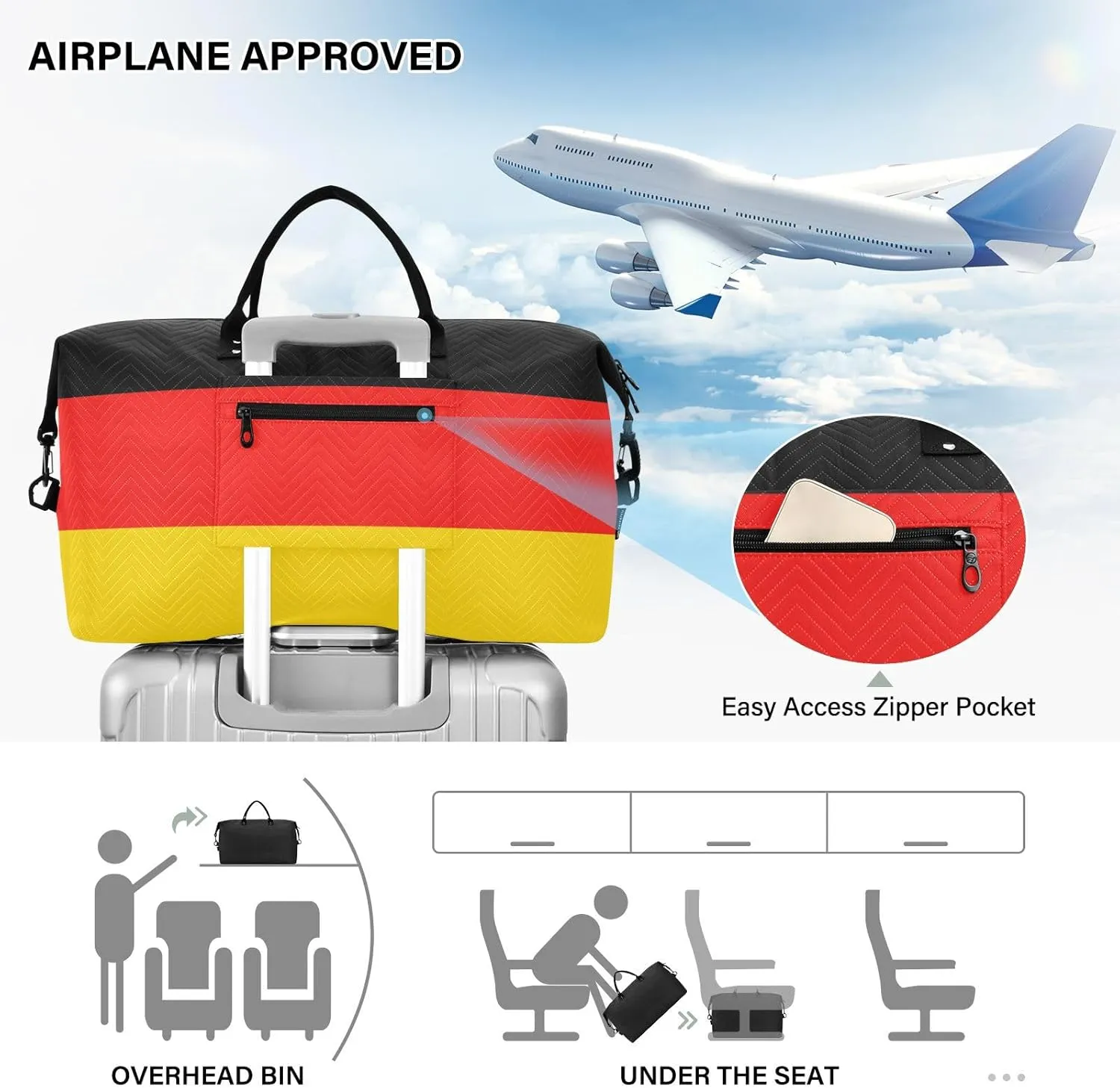 German Flag Travel Duffle Bag Gym Bag Quilt Weekender Bags Carry On Bag Overnight Bag with Make Up Bag for Women Trip Ladies Airplane Travel Essentials Gifts