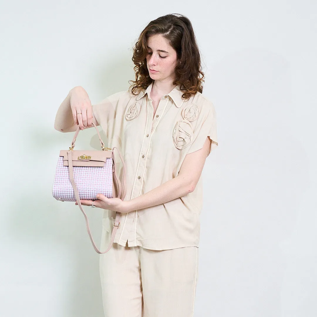 Gingham structured box handbag with top handle wholesale