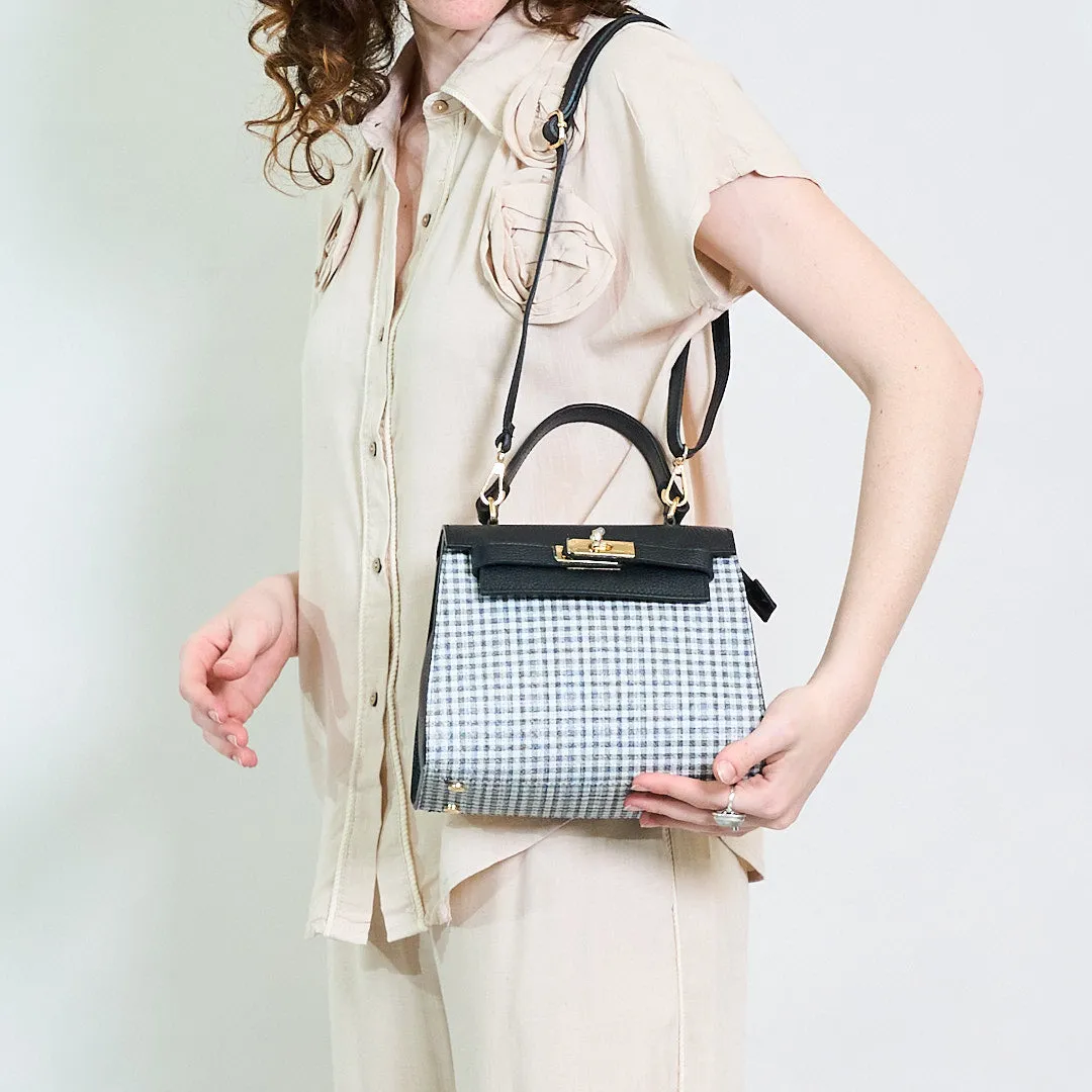 Gingham structured box handbag with top handle wholesale