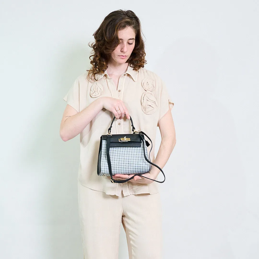 Gingham structured box handbag with top handle wholesale