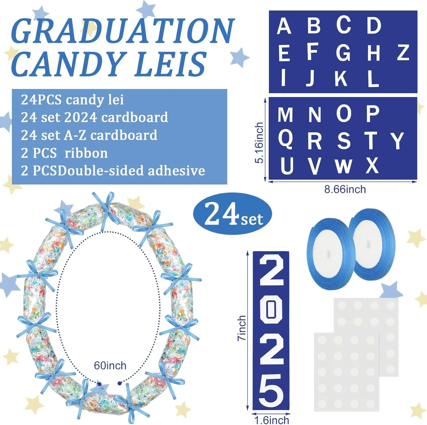 Graduation Candy Lei Making Kit Class of 2025 Includes 24 Pcs Candy Lei Bags, 720 Pcs 2025, A-Z Name Card DIY, 2 Pcs Blue Black Ribbon Necklace Gift for High School College(Blue)