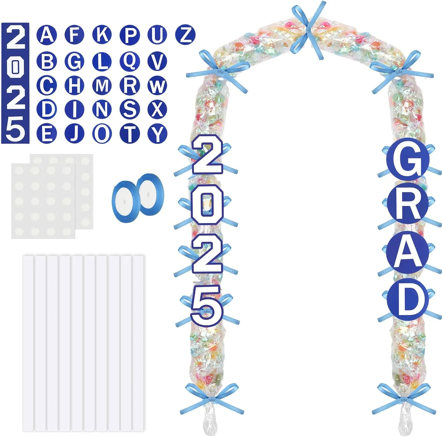 Graduation Candy Lei Making Kit Class of 2025 Includes 24 Pcs Candy Lei Bags, 720 Pcs 2025, A-Z Name Card DIY, 2 Pcs Blue Black Ribbon Necklace Gift for High School College(Blue)