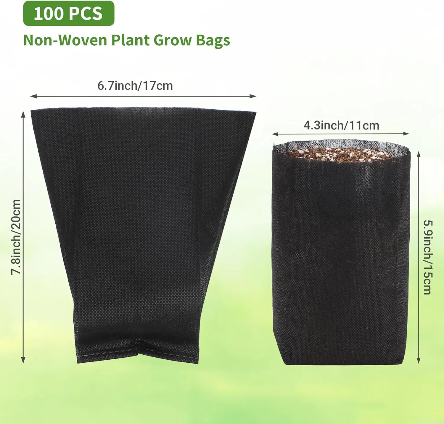 GREANER Nursery Bags for Plants, 100 PCS 6.7x7.8 Inch Seedling Bags, Non-Woven Fabric Seedlings Grow Bag, Deep Nursery Grow Bags for Indoor Outdoor Home Garden Greenhouse Supplies
