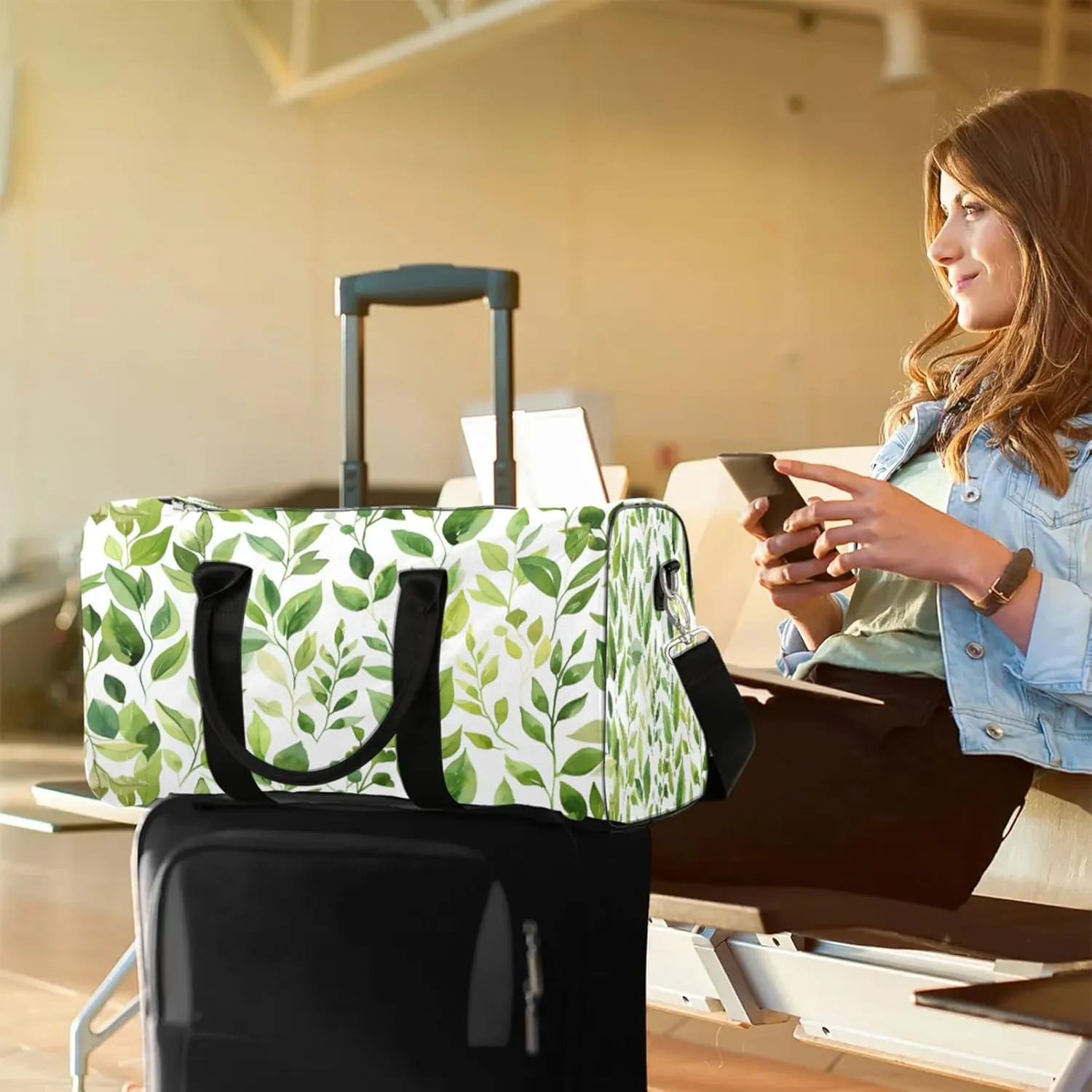 Green Cute Floral Travel Bag for Men Women, Gym Duffle Bags for Travel, Carry On Luggage Bag, Weekender Overnight Workout Bags