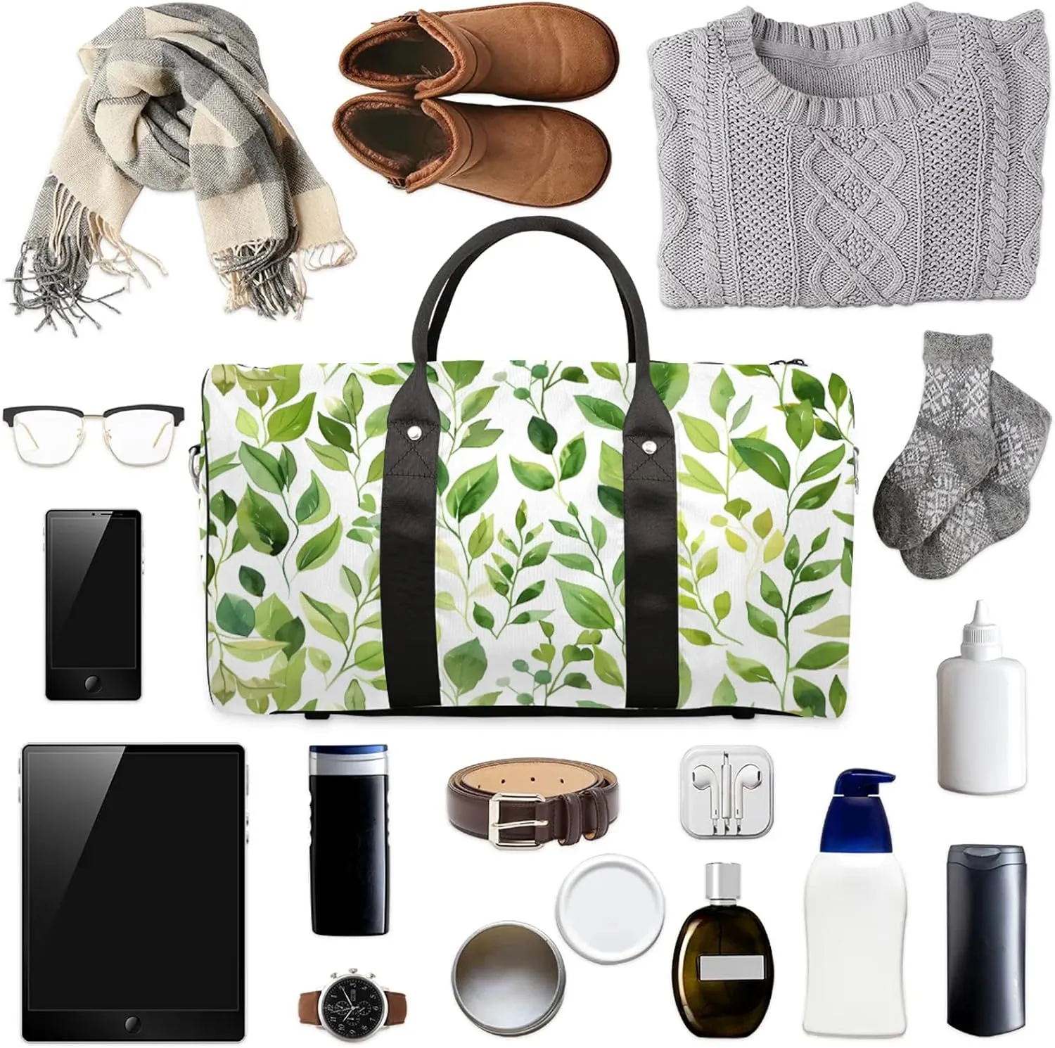 Green Cute Floral Travel Bag for Men Women, Gym Duffle Bags for Travel, Carry On Luggage Bag, Weekender Overnight Workout Bags