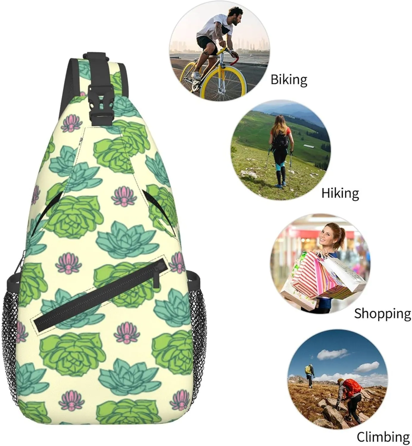 Green Succulent Cactus Sling Backpack Crossbody Bag, Chest Bag Daypack for Outdoors Hiking Traveling