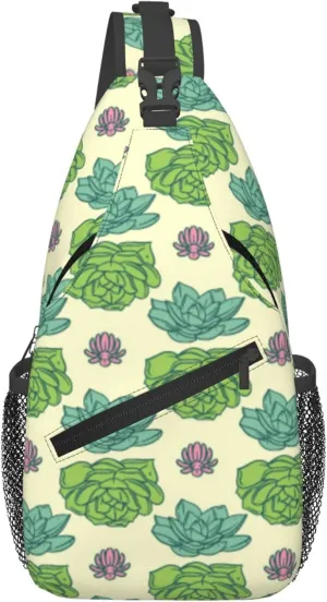 Green Succulent Cactus Sling Backpack Crossbody Bag, Chest Bag Daypack for Outdoors Hiking Traveling