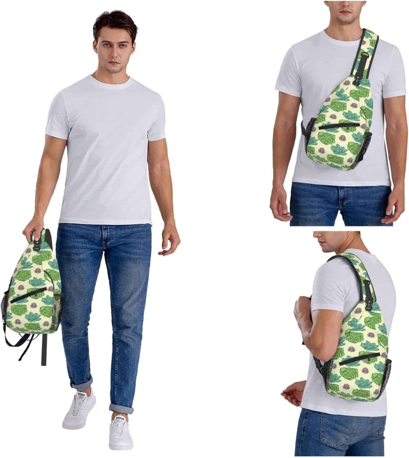 Green Succulent Cactus Sling Backpack Crossbody Bag, Chest Bag Daypack for Outdoors Hiking Traveling