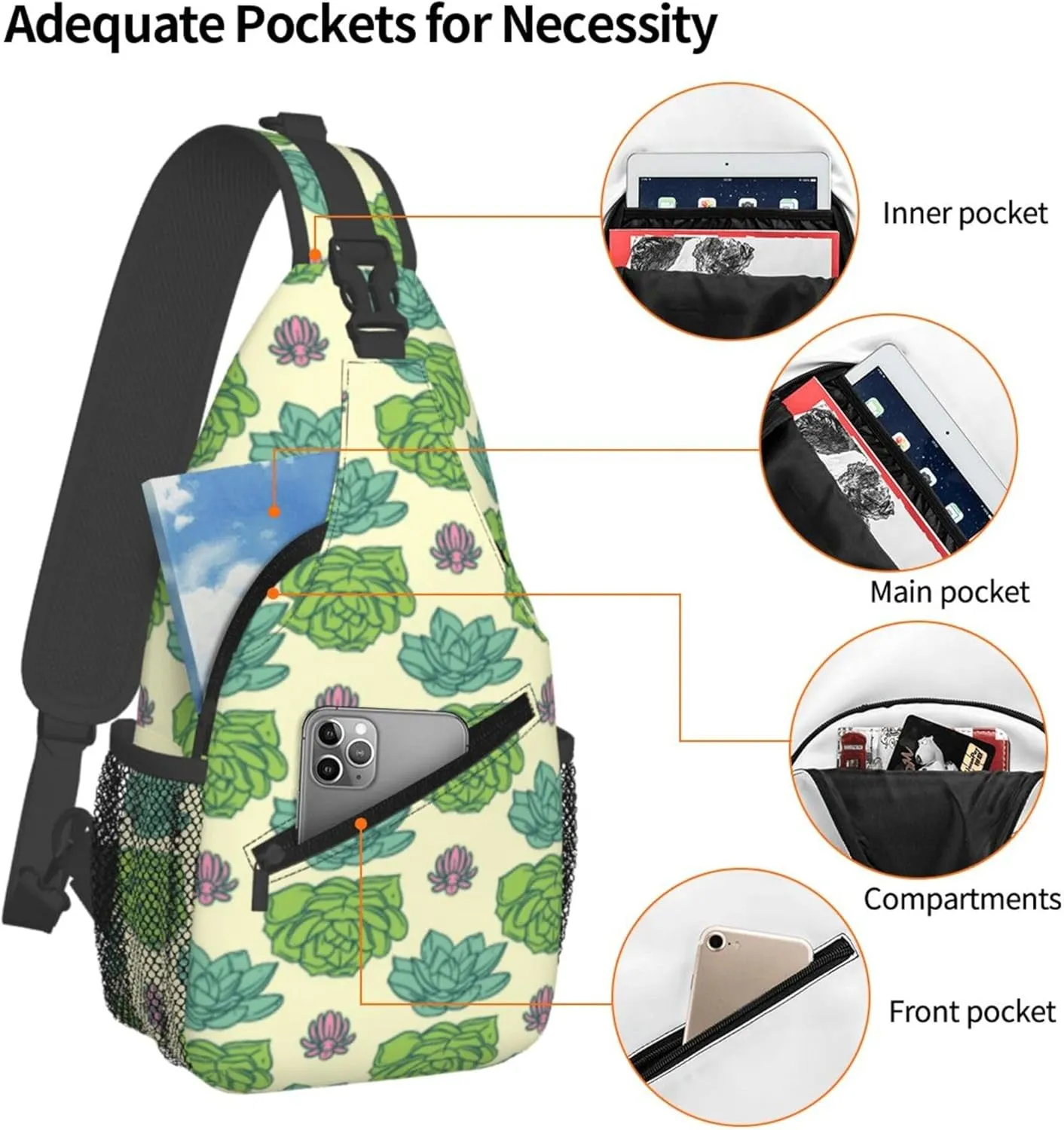 Green Succulent Cactus Sling Backpack Crossbody Bag, Chest Bag Daypack for Outdoors Hiking Traveling
