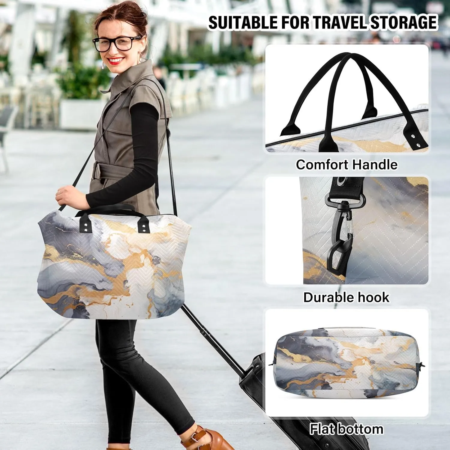 Grey Golden Marble Travel Duffle Bag Gym Bag Weekender Bags Carry On Bag Quilt Overnight Bag with Make Up Bag for Airplane Women Ladies Trip Travel Essentials Gifts