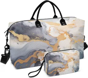 Grey Golden Marble Travel Duffle Bag Gym Bag Weekender Bags Carry On Bag Quilt Overnight Bag with Make Up Bag for Airplane Women Ladies Trip Travel Essentials Gifts