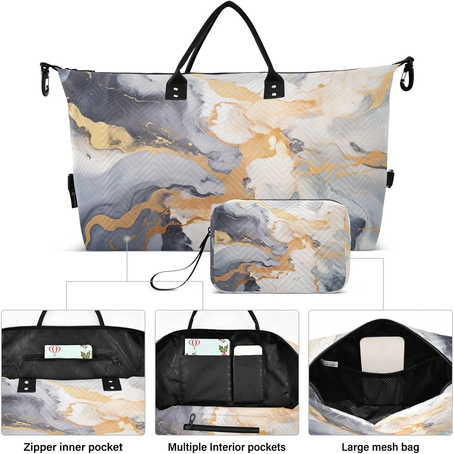 Grey Golden Marble Travel Duffle Bag Gym Bag Weekender Bags Carry On Bag Quilt Overnight Bag with Make Up Bag for Airplane Women Ladies Trip Travel Essentials Gifts