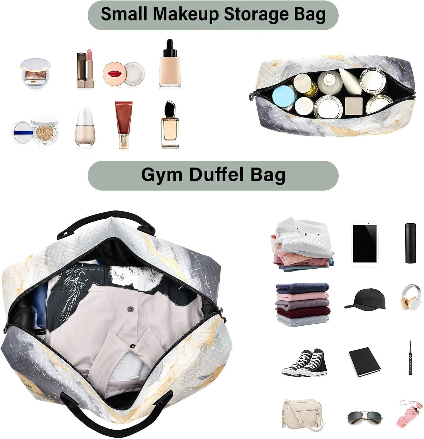 Grey Golden Marble Travel Duffle Bag Gym Bag Weekender Bags Carry On Bag Quilt Overnight Bag with Make Up Bag for Airplane Women Ladies Trip Travel Essentials Gifts