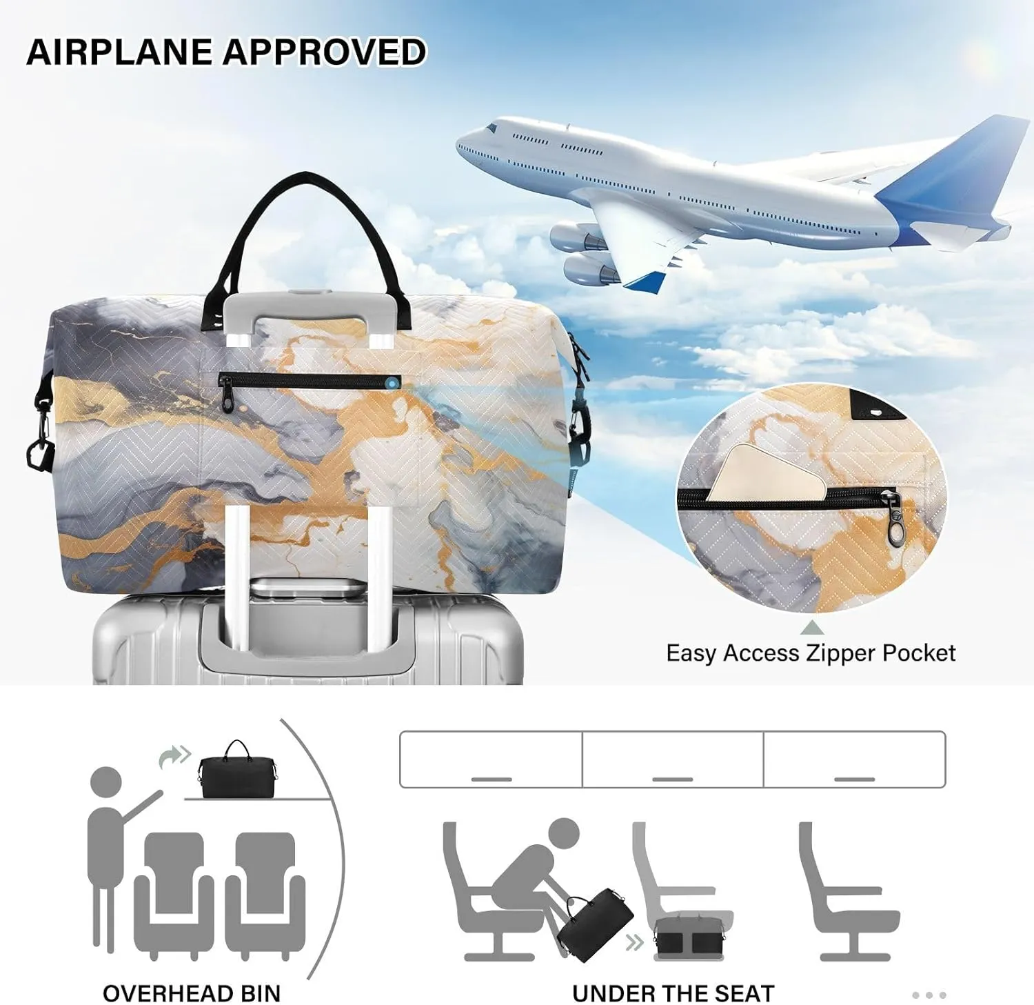 Grey Golden Marble Travel Duffle Bag Gym Bag Weekender Bags Carry On Bag Quilt Overnight Bag with Make Up Bag for Airplane Women Ladies Trip Travel Essentials Gifts