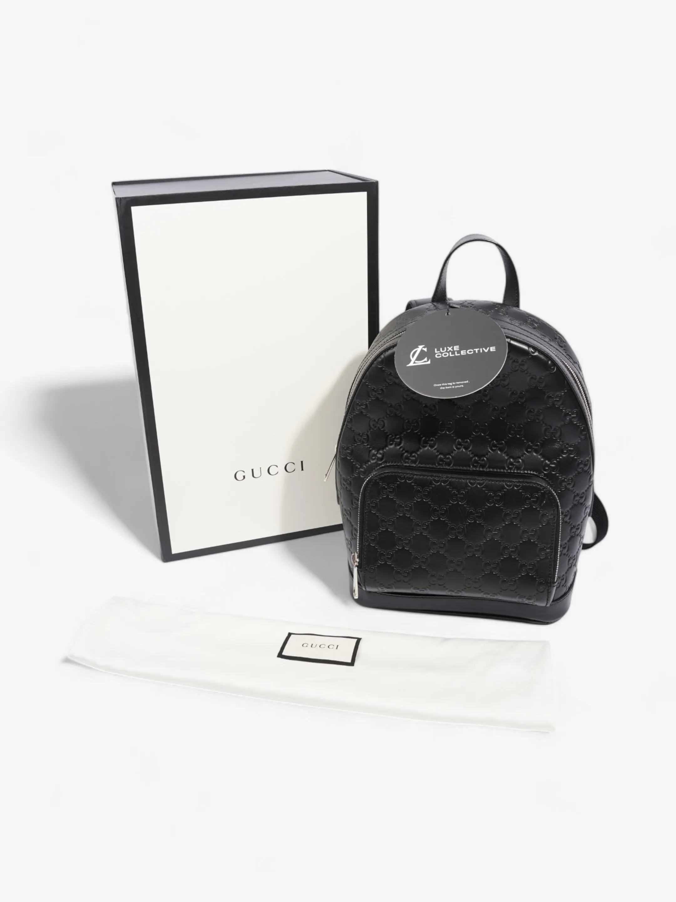 Gucci Signature Backpack Black Embossed Leather Small