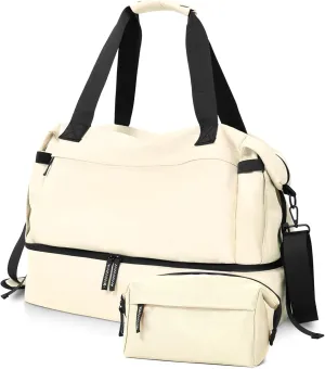 Gym Bag for Women, Weekender Bags for Women with Shoes Compartment, Personal Item Travel Duffel Bag with Wet Pocket & USB Charging Port, Carry On Bag for Women, Travel, Gym, Weekend(Off white)