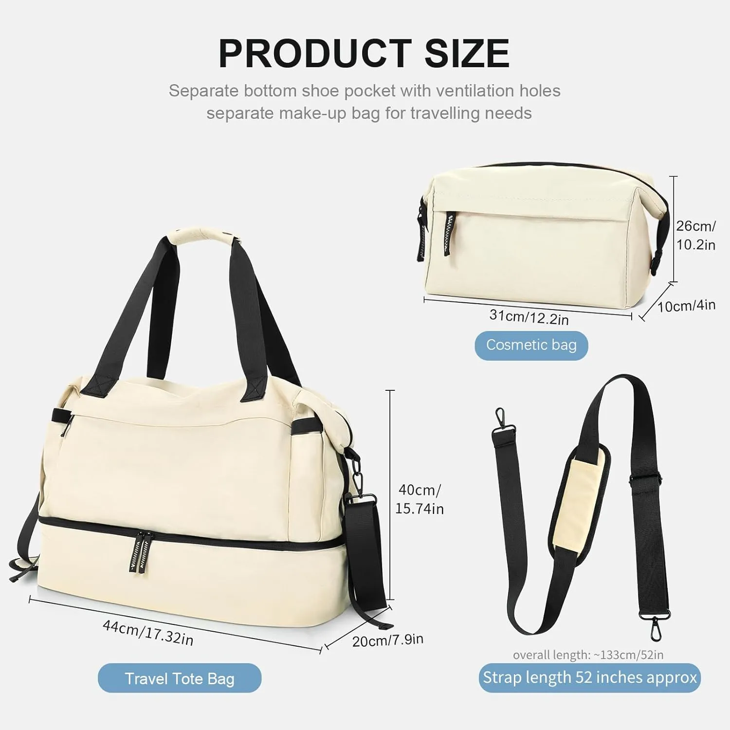 Gym Bag for Women, Weekender Bags for Women with Shoes Compartment, Personal Item Travel Duffel Bag with Wet Pocket & USB Charging Port, Carry On Bag for Women, Travel, Gym, Weekend(Off white)