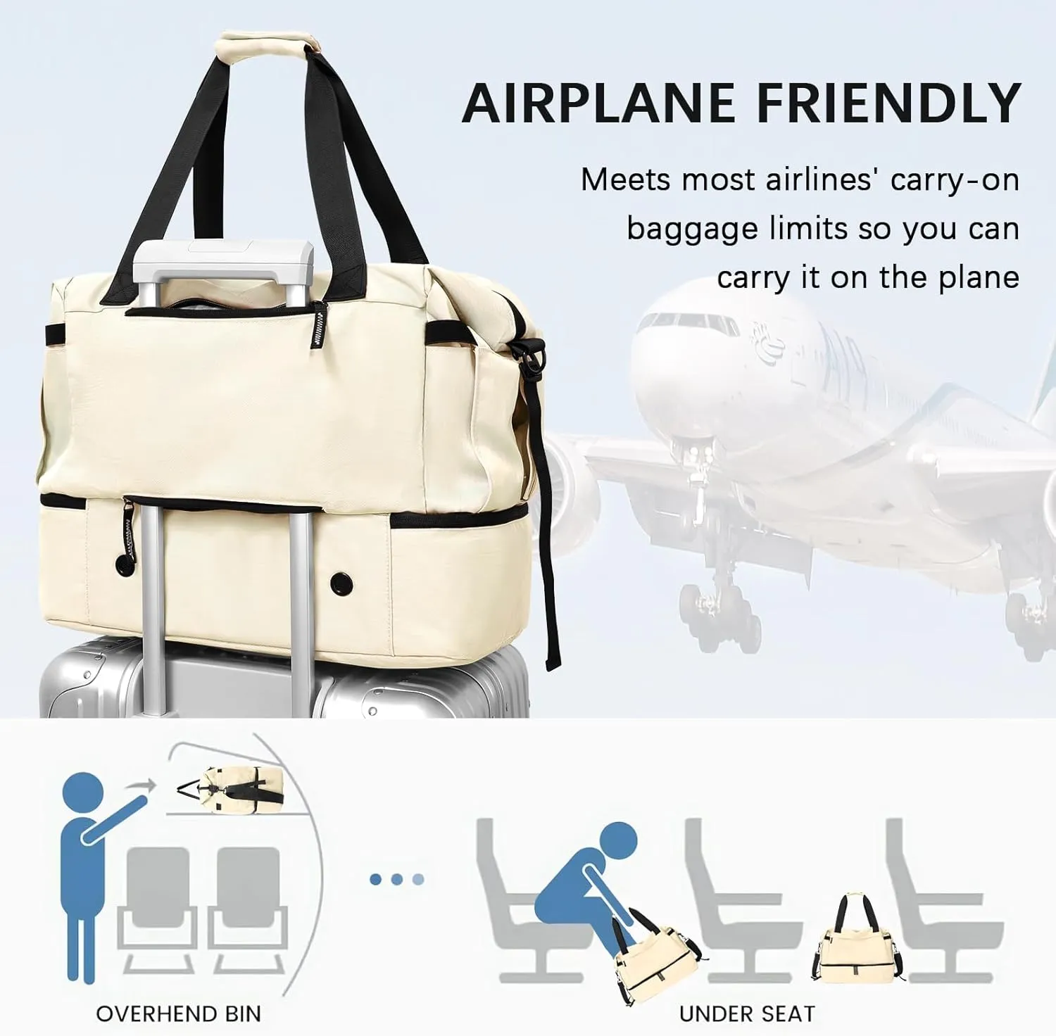 Gym Bag for Women, Weekender Bags for Women with Shoes Compartment, Personal Item Travel Duffel Bag with Wet Pocket & USB Charging Port, Carry On Bag for Women, Travel, Gym, Weekend(Off white)