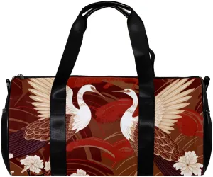 Gym Bags for Women,Duffle Bag for Travel,Crane with Floral Red Background,Gym Bag for Men